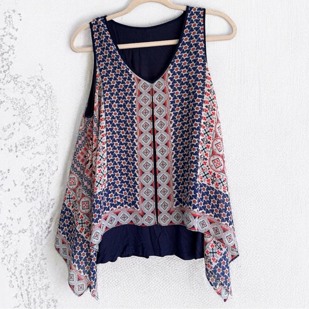 Boho Navy V-Neck Tank with Flowy Printed Overlay |Sleeveless Top Size L